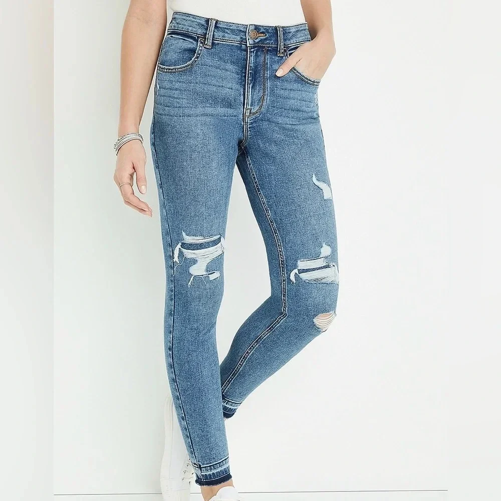 Maurices Patch Ripped Skinny Jeans Medium Wash High Rise Medium Short Women’s - Picture 1 of 13